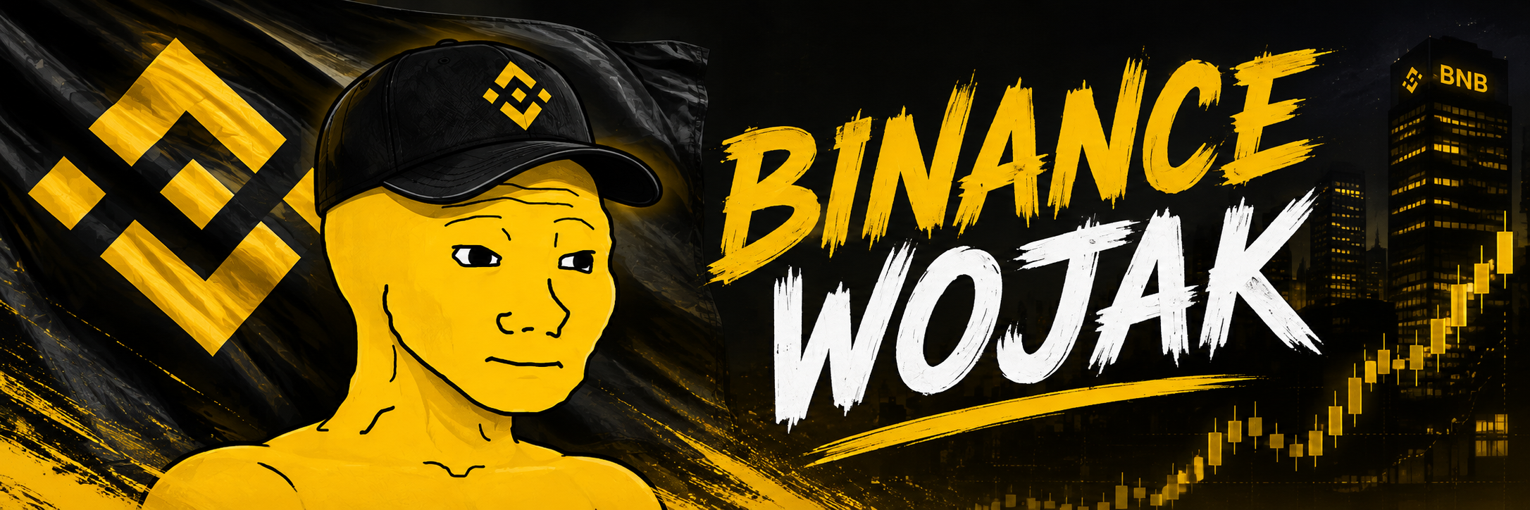 BINANCE WOJAK wide banner — yellow Wojak with BNB cap against a city skyline and rising chart